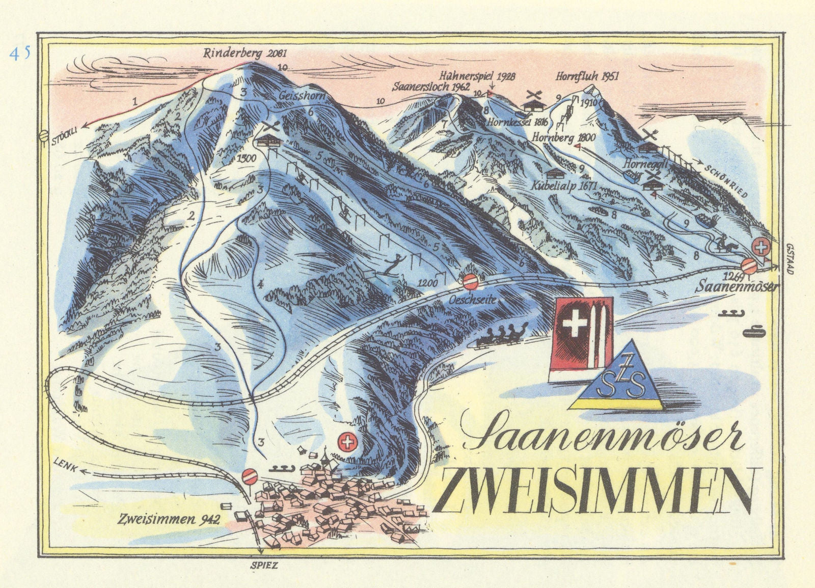Saanenmoser Zweisimmen small ski resort piste/trail map by Otto Müller 1949